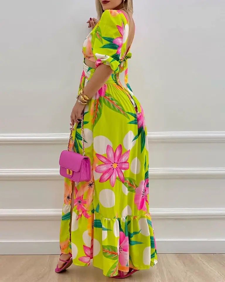 Summer Women half Sleeved Cutout V-Neck Twist Elegant Tie Maxi Dress 3XL B-83351 - TUZZUT Qatar Online Shopping