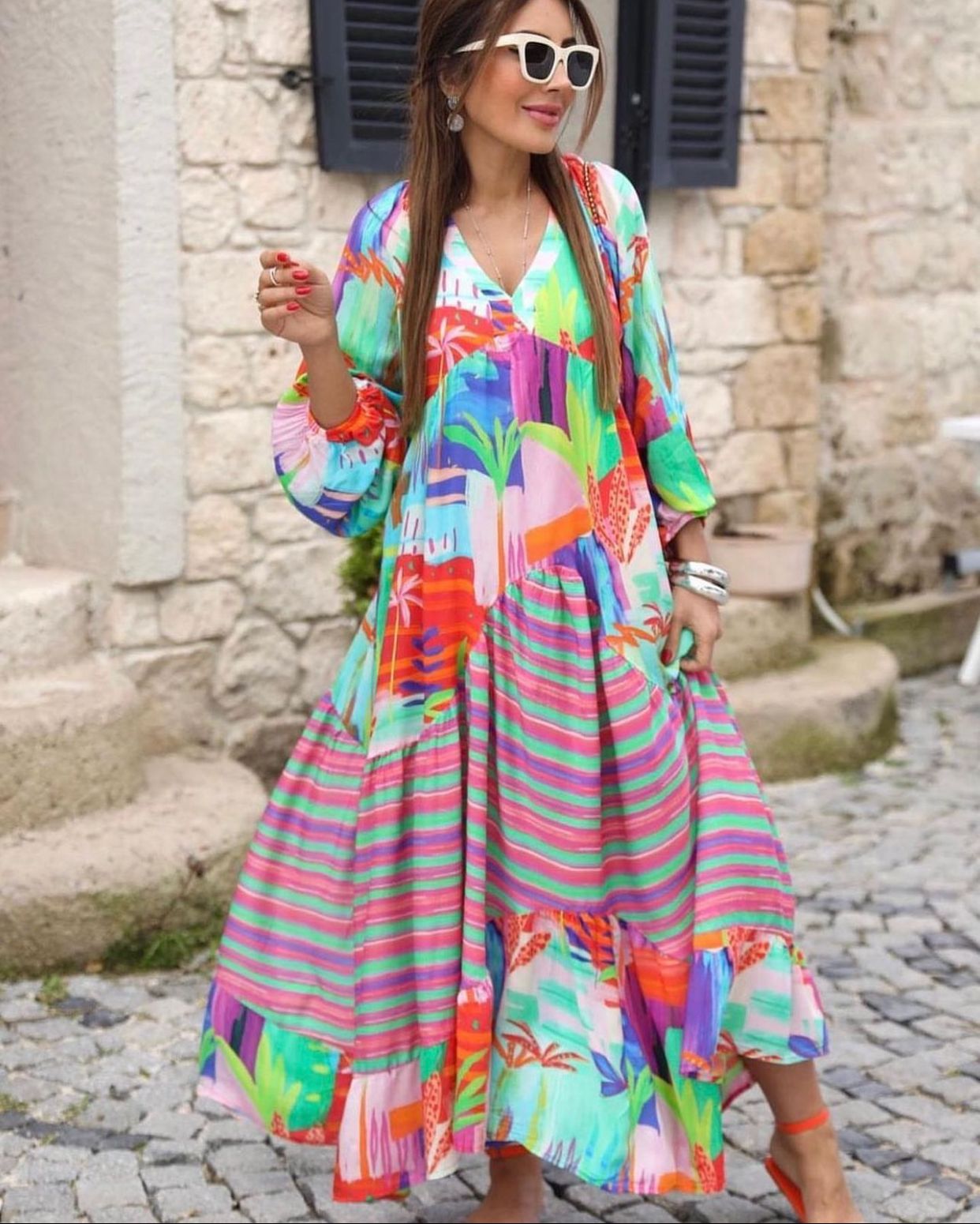 Women's Loose Plus Size Swing V-Neck Printed Dress B-85944 Women's Loose Plus Size Swing V-Neck Printed Dress B-85944