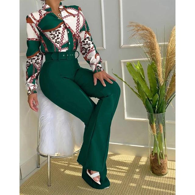 Casual Printed Stand Collar Long Sleeve Shirt Top Wide Leg Pants Two-piece Set with Belt S4384167 - TUZZUT Qatar Online Shopping