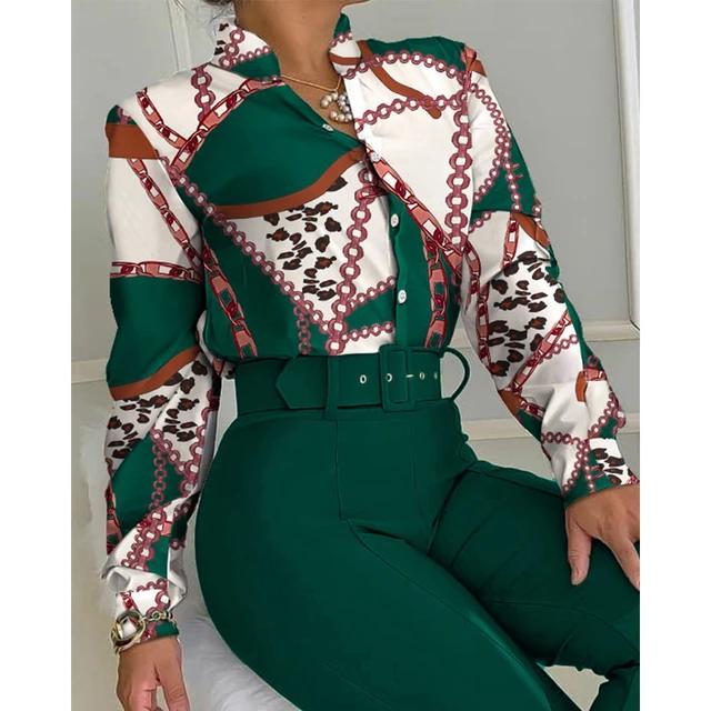 Casual Printed Stand Collar Long Sleeve Shirt Top Wide Leg Pants Two-piece Set with Belt S4384167 - TUZZUT Qatar Online Shopping