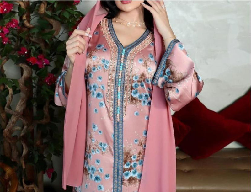 Arabian Long Sleeves Floral Pattern Islamic Loose Jalabia Gown S4831355 - TUZZUT Qatar Online Shopping
