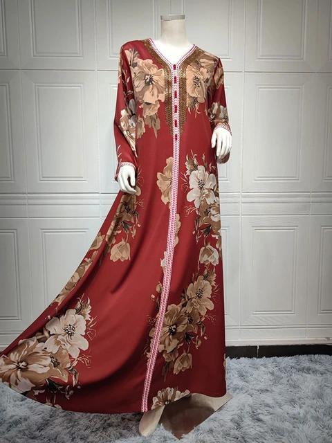 Floral Printed Abaya Long Dress Women Diamonds Arabic Party Muslim Loose Robe Saudi Gulf Jalabiya Moroccan Kaftan Maroon S4573638 - TUZZUT Qatar Online Shopping