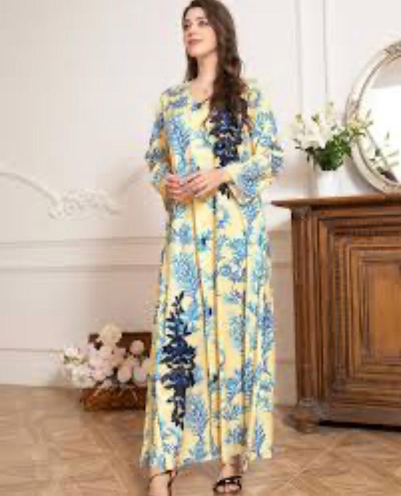 Women's Long Sleeve Printed Embroidery Applique Muslim Robe Dress S3855057 - TUZZUT Qatar Online Shopping