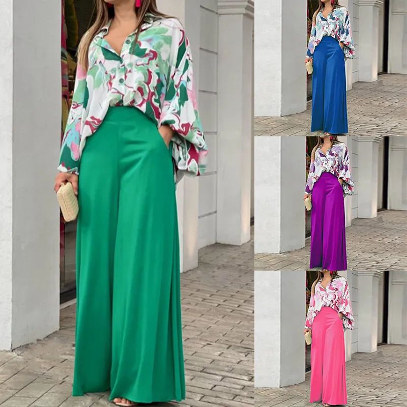 Two Piece Casual Women's Loose Boho Print Shirt + Commuter Wide Leg Pants Set L B-75640 Two Piece Casual Women's Loose Boho Print Shirt + Commuter Wide Leg Pants Set L B-75640
