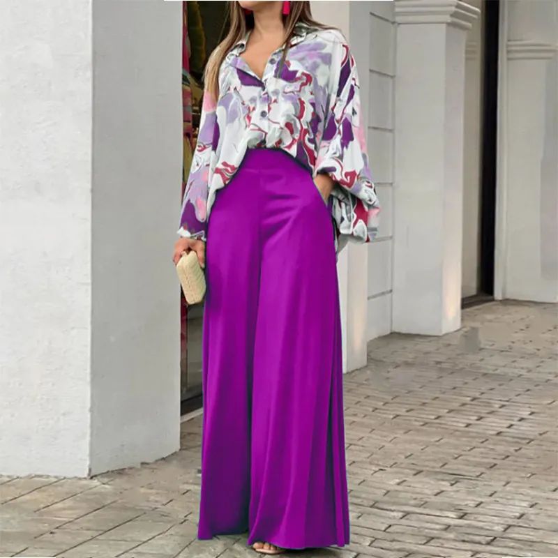 Two Piece Casual Women's Loose Boho Print Shirt + Commuter Wide Leg Pants Set L B-75640 Two Piece Casual Women's Loose Boho Print Shirt + Commuter Wide Leg Pants Set L B-75640