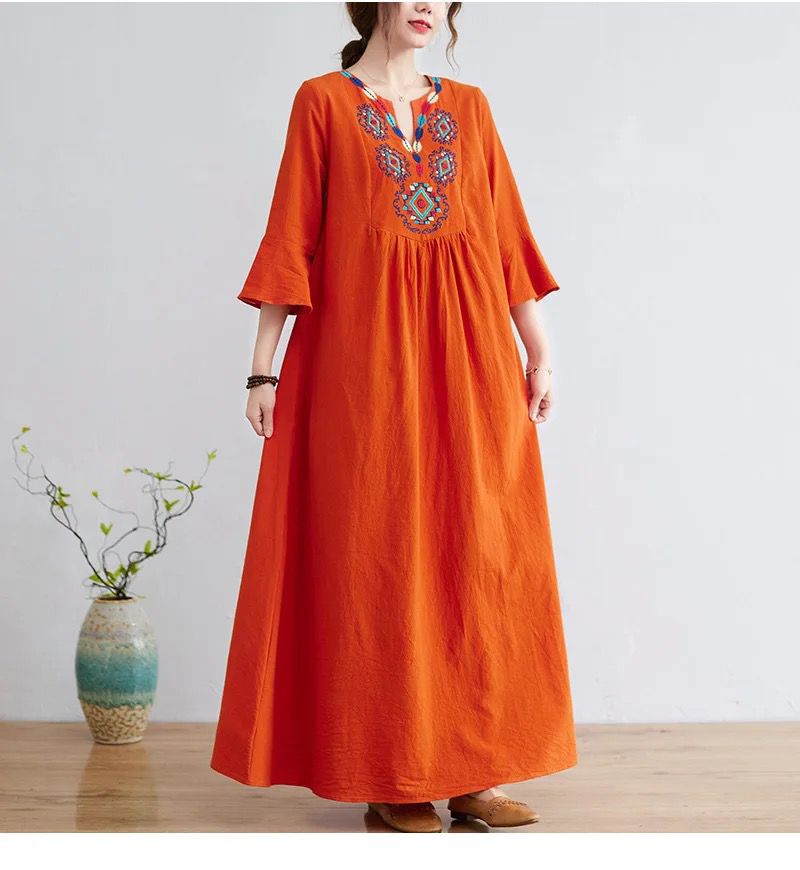 Summer New Arts Style Vintage Embroidery Solid Color Cotton Linen Loose Casual Long A-line Dress Women 001147007