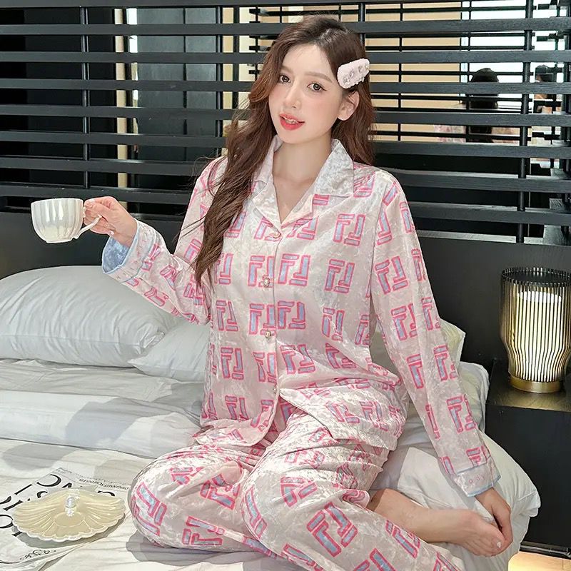 Spring Autumn Winter Women's Gold Velvet Pajamas Two-Piece Suit 2XL S5061351 - TUZZUT Qatar Online Shopping