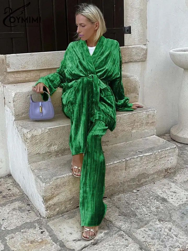 Elegant Women 2 Piece Set Lace Up Long Sleeve Blouse and High Waist Straight Pants Green 2XL B-74974 - TUZZUT Qatar Online Shopping