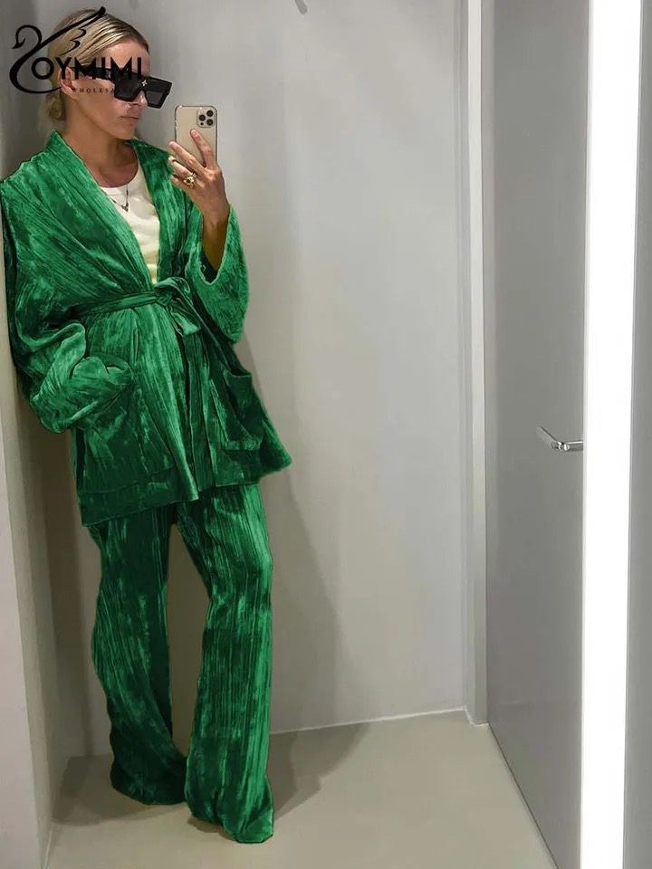 Elegant Women 2 Piece Set Lace Up Long Sleeve Blouse and High Waist Straight Pants Green 2XL B-74974 Elegant Women 2 Piece Set Lace Up Long Sleeve Blouse and High Waist Straight Pants Green 2XL B-74974