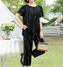 Middle-aged women's 2-piece set short-sleeved T-shirt and harem pants B-114385 - TUZZUT Qatar Online Shopping