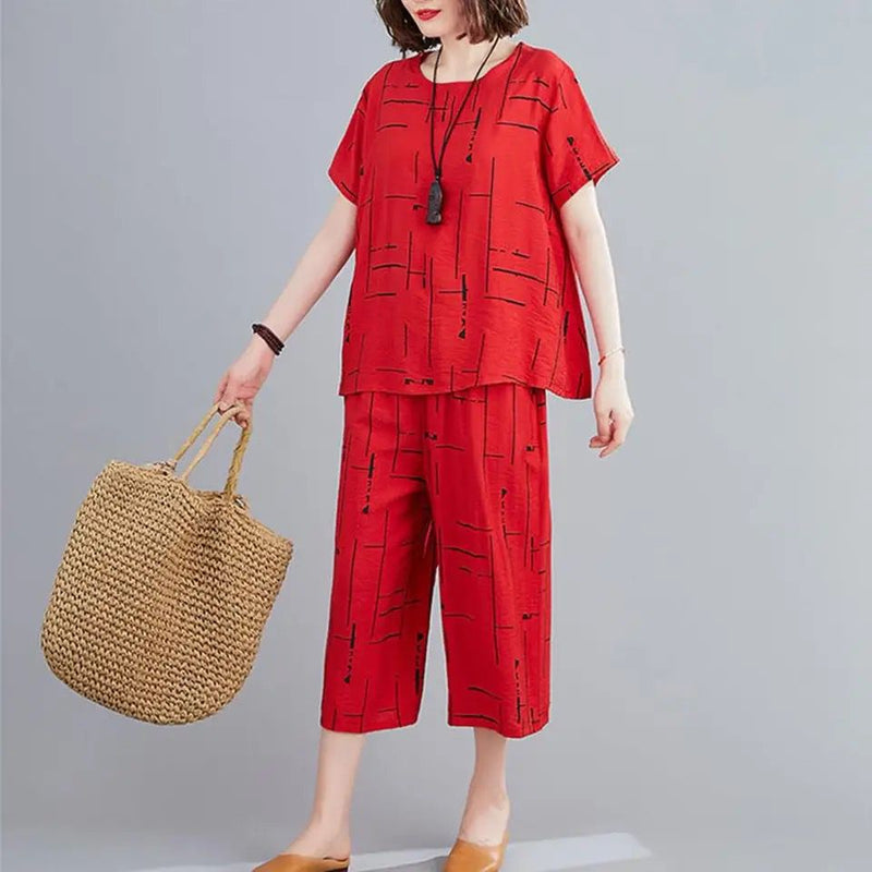 Women O Neck Short Sleeve T-shirt Wide Leg Shorts 2 Piece Set B-97259 - TUZZUT Qatar Online Shopping