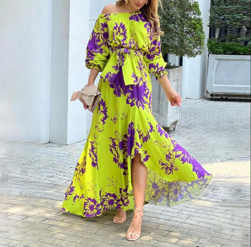 Women Off Shoulder Floral Print Ankle Length Slash Neck Maxi Dress B-58760 Women Off Shoulder Floral Print Ankle Length Slash Neck Maxi Dress B-58760