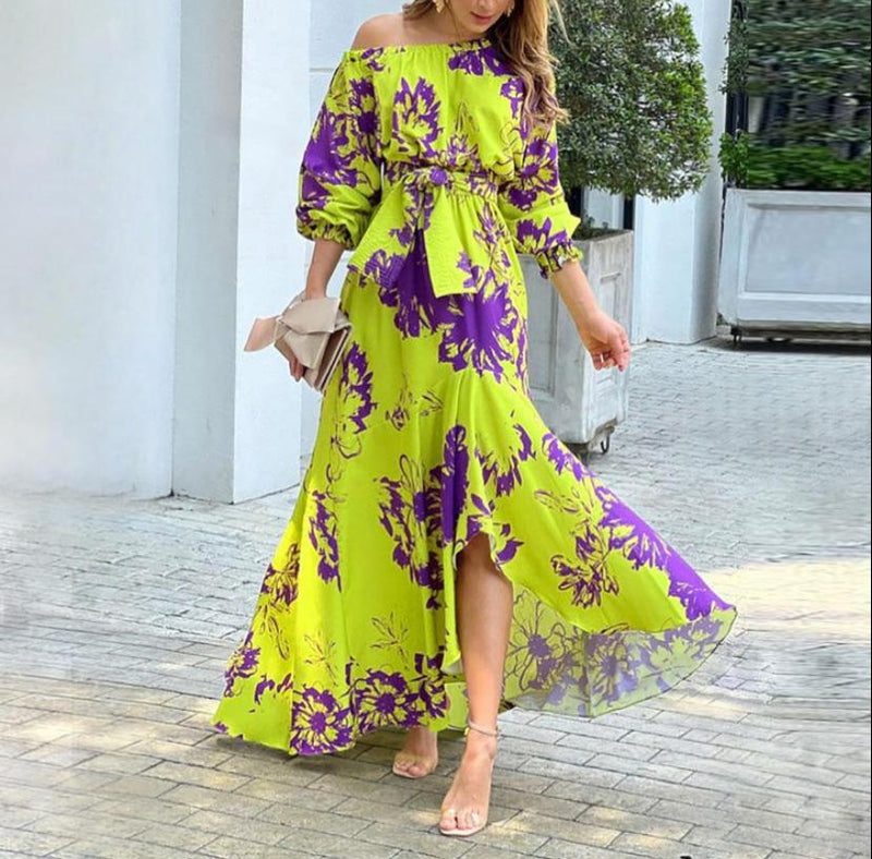 Women Off Shoulder Floral Print Ankle Length Slash Neck Maxi Dress B-58760 - TUZZUT Qatar Online Shopping