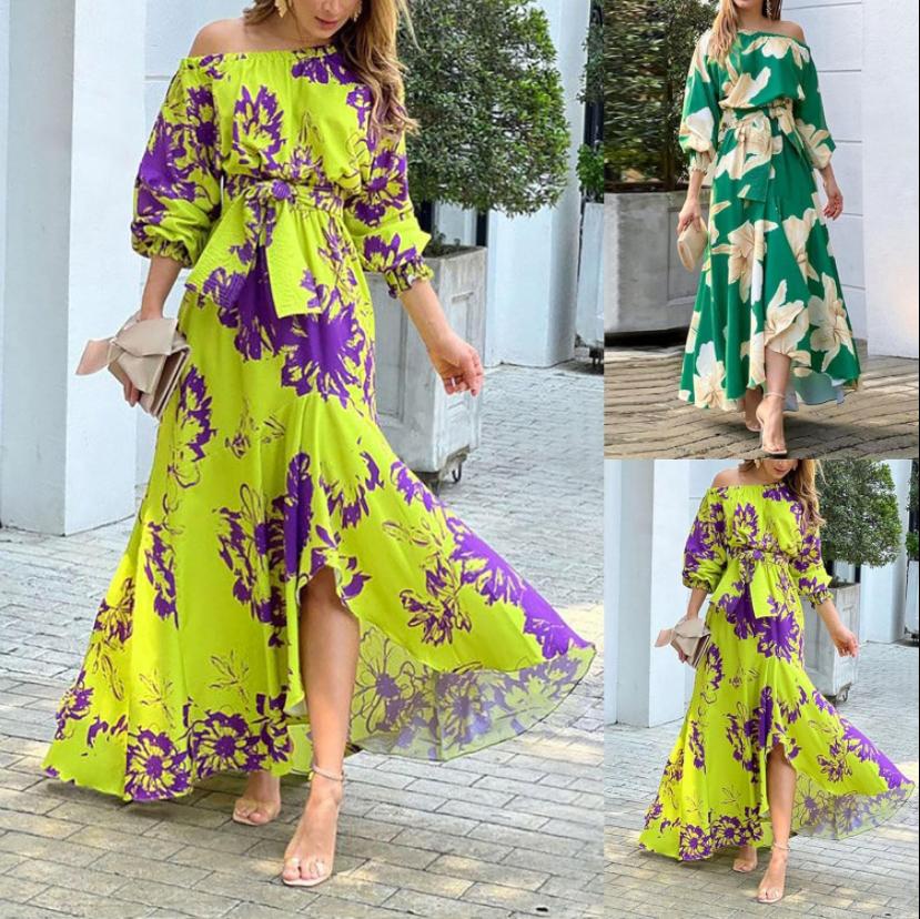 Women Off Shoulder Floral Print Ankle Length Slash Neck Maxi Dress B-58760 Women Off Shoulder Floral Print Ankle Length Slash Neck Maxi Dress B-58760