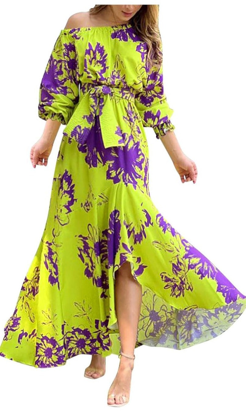 Women Off Shoulder Floral Print Ankle Length Slash Neck Maxi Dress B-58760 Women Off Shoulder Floral Print Ankle Length Slash Neck Maxi Dress B-58760