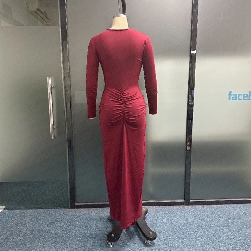 Sexy Long Sleeve V Neck Split Pleated Long Dress B-84946 Sexy Long Sleeve V Neck Split Pleated Long Dress B-84946