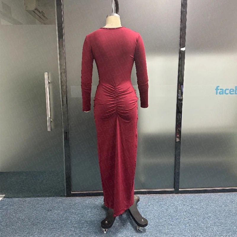 Sexy Long Sleeve V Neck Split Pleated Long Dress XL B-84946 - TUZZUT Qatar Online Shopping
