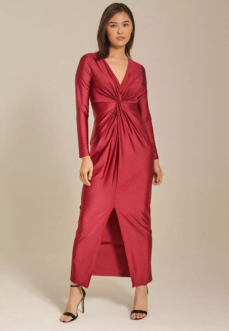 Sexy Long Sleeve V Neck Split Pleated Long Dress XL B-84946 - TUZZUT Qatar Online Shopping