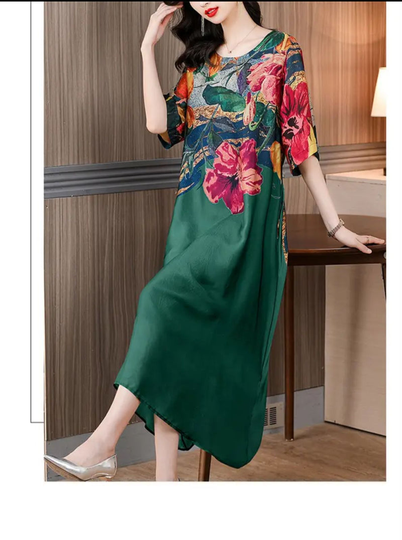Spring and Summer Foreign Silkworm Printed Round Neck Short-Sleeved Silk Dress B-94811 - TUZZUT Qatar Online Shopping