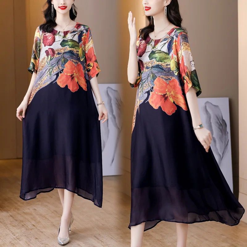 Spring and Summer Foreign Silkworm Printed Round Neck Short-Sleeved Silk Dress B-94811 Spring and Summer Foreign Silkworm Printed Round Neck Short-Sleeved Silk Dress B-94811