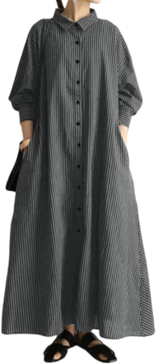 Women's Cotton Linen Long Shirt Dress Long Sleeve 2XL B-102411 - TUZZUT Qatar Online Shopping