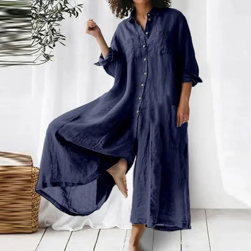 Spring Summer Solid Cotton Linen Shirt Jumpsuit Women B-89137 - TUZZUT Qatar Online Shopping