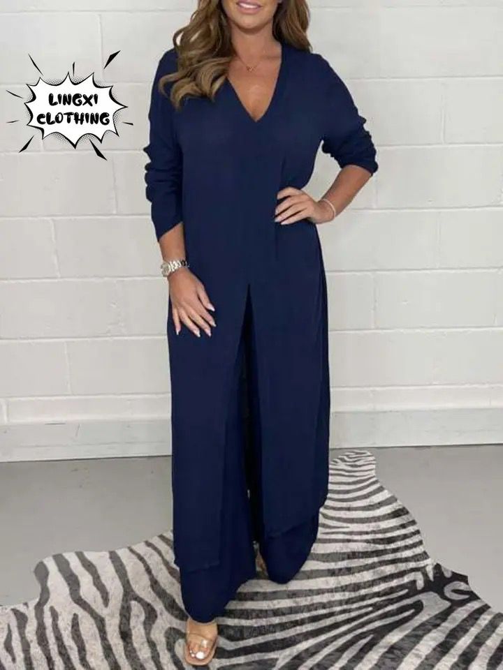 Women Two Piece Set Split Long Top Casual Wide Leg Pants Elegant Plus Size B-102316 Women Two Piece Set Split Long Top Casual Wide Leg Pants Elegant Plus Size B-102316