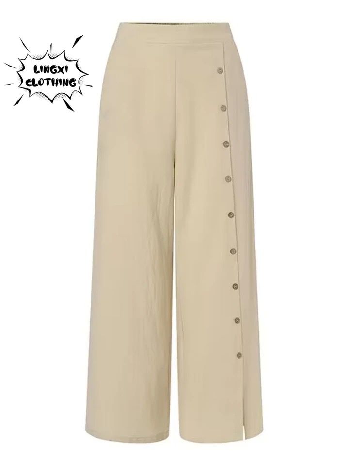 Femme Casual Wide Leg Pants Spring Women Elastic Loose Trousers Work Palazzo Solid Fashion Buttons Pantalon Oversize S4075654 Femme Casual Wide Leg Pants Spring Women Elastic Loose Trousers Work Palazzo Solid Fashion Buttons Pantalon Oversize S4075654