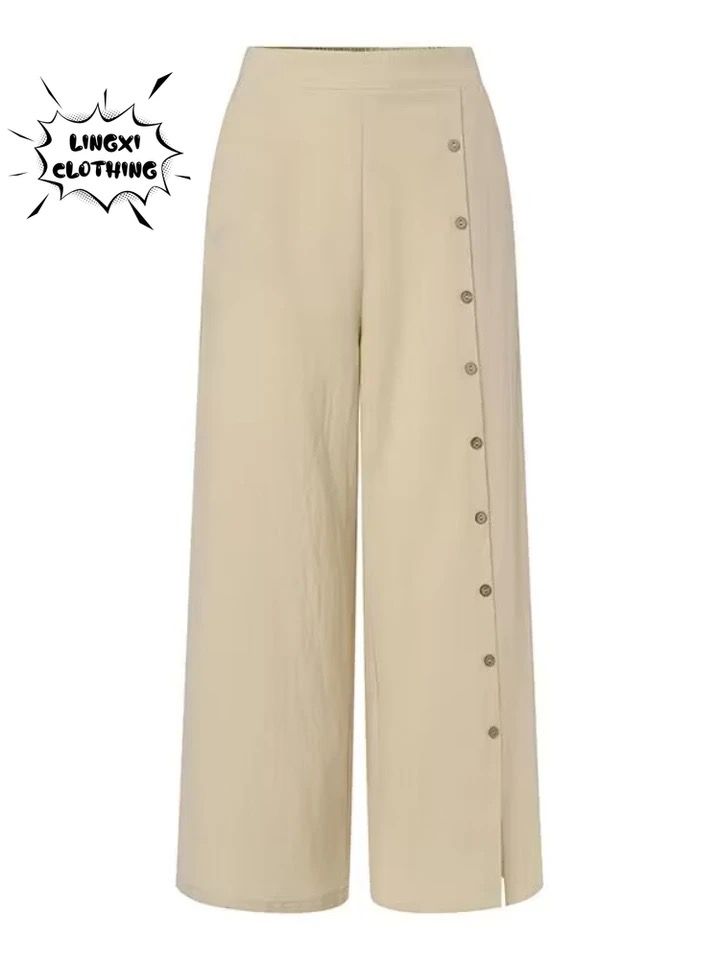 Femme Casual Wide Leg Pants Spring Women Elastic Loose Trousers Work Palazzo Solid Fashion Buttons Pantalon Oversize S4075654