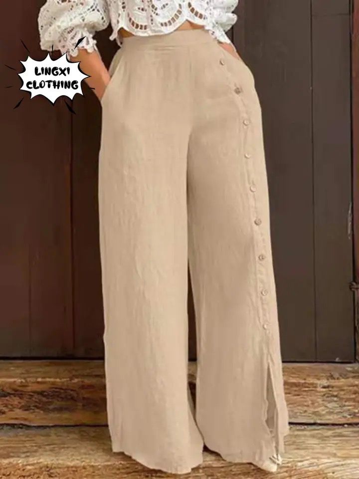 Femme Casual Wide Leg Pants Spring Women Elastic Loose Trousers Work Palazzo Solid Fashion Buttons Pantalon Oversize S4075654 Femme Casual Wide Leg Pants Spring Women Elastic Loose Trousers Work Palazzo Solid Fashion Buttons Pantalon Oversize S4075654