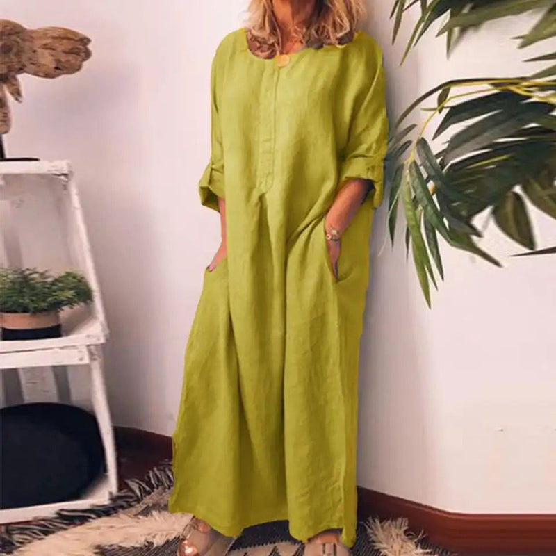 Women Casual Cotton Linen Long Dress 3XL B-97504 - TUZZUT Qatar Online Shopping