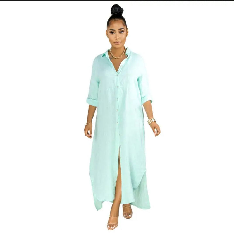Autumn Fashion Bohemian Three Quarter Sleeve Button Long Dress XL B-98843 - TUZZUT Qatar Online Shopping