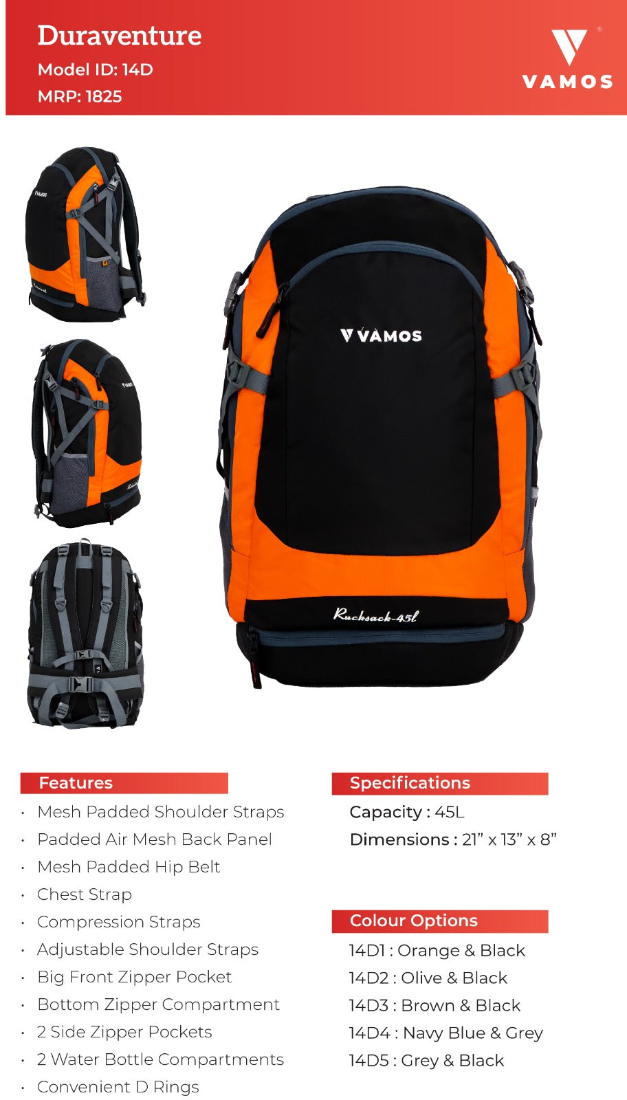 VAMOS Duraventure Travel Back Pack 14D1 - Capacity : 45L VAMOS Duraventure Travel Back Pack 14D1 - Capacity : 45L