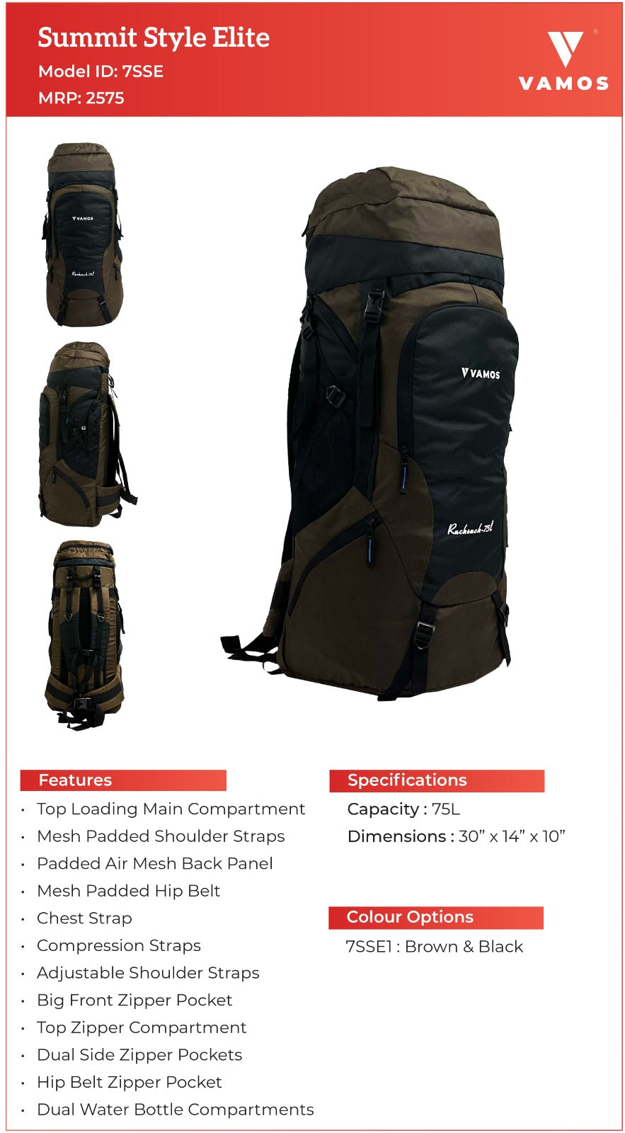 VAMOS Summit Style Elite Hiking Bag 7SSE1 - Capacity : 75L VAMOS Summit Style Elite Hiking Bag 7SSE1 - Capacity : 75L