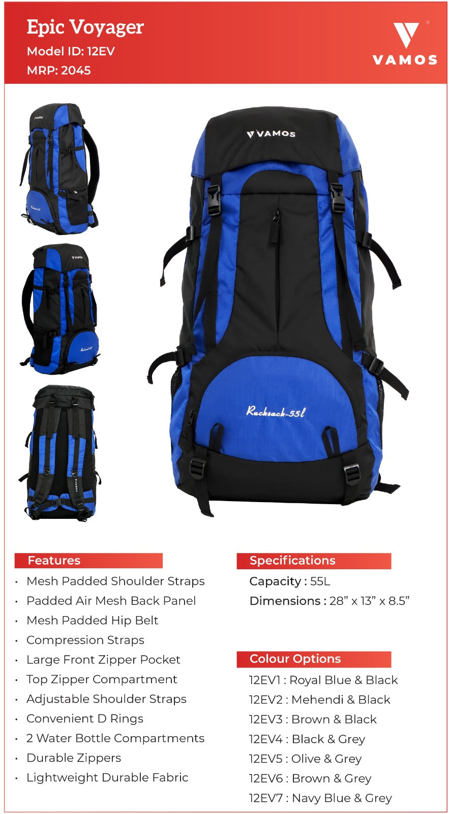 VAMOS Epic Voyager Hiking Bag 12EV1 - Capacity : 55L VAMOS Epic Voyager Hiking Bag 12EV1 - Capacity : 55L