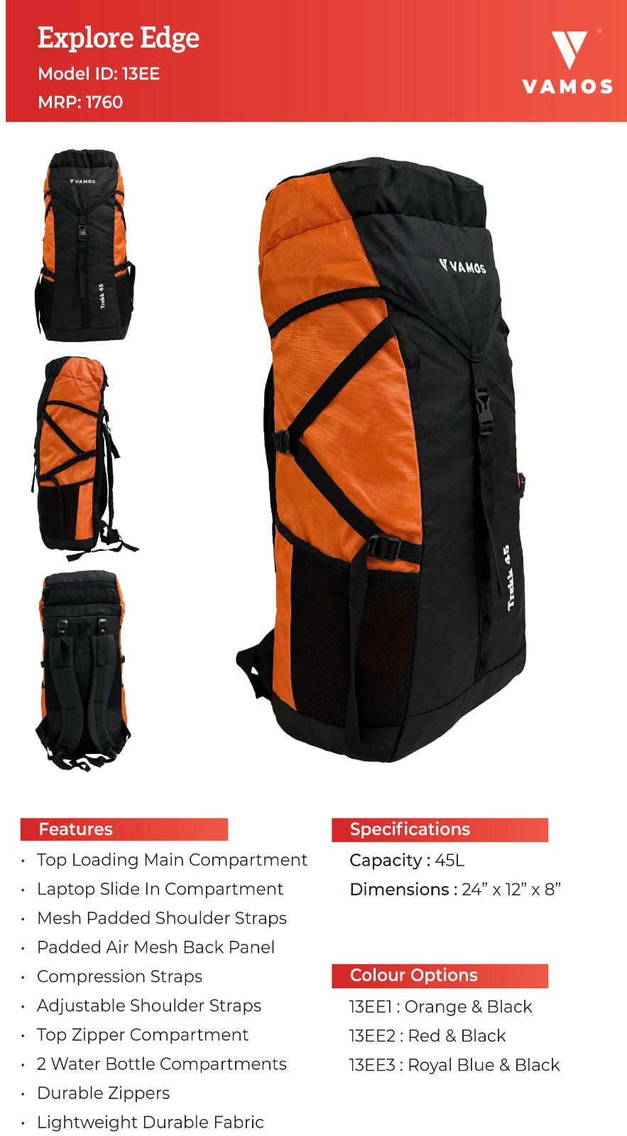 VAMOS Explore Edge Hiking Bag 13EE1 - Capacity: 45L VAMOS Explore Edge Hiking Bag 13EE1 - Capacity: 45L
