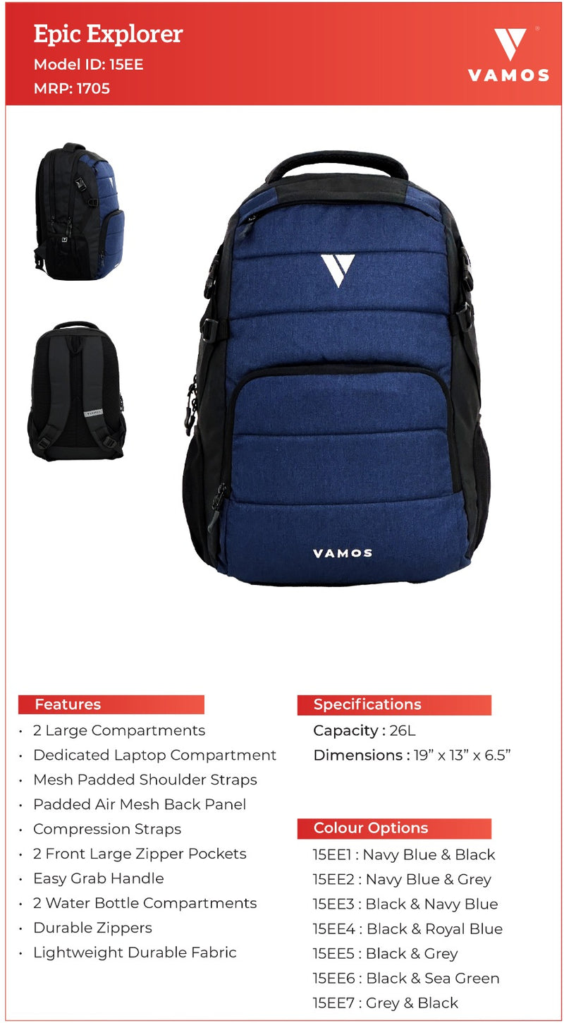VAMOS Epic Explorer Back Pack 15EE1 - Capacity : 26L - TUZZUT Qatar Online Shopping