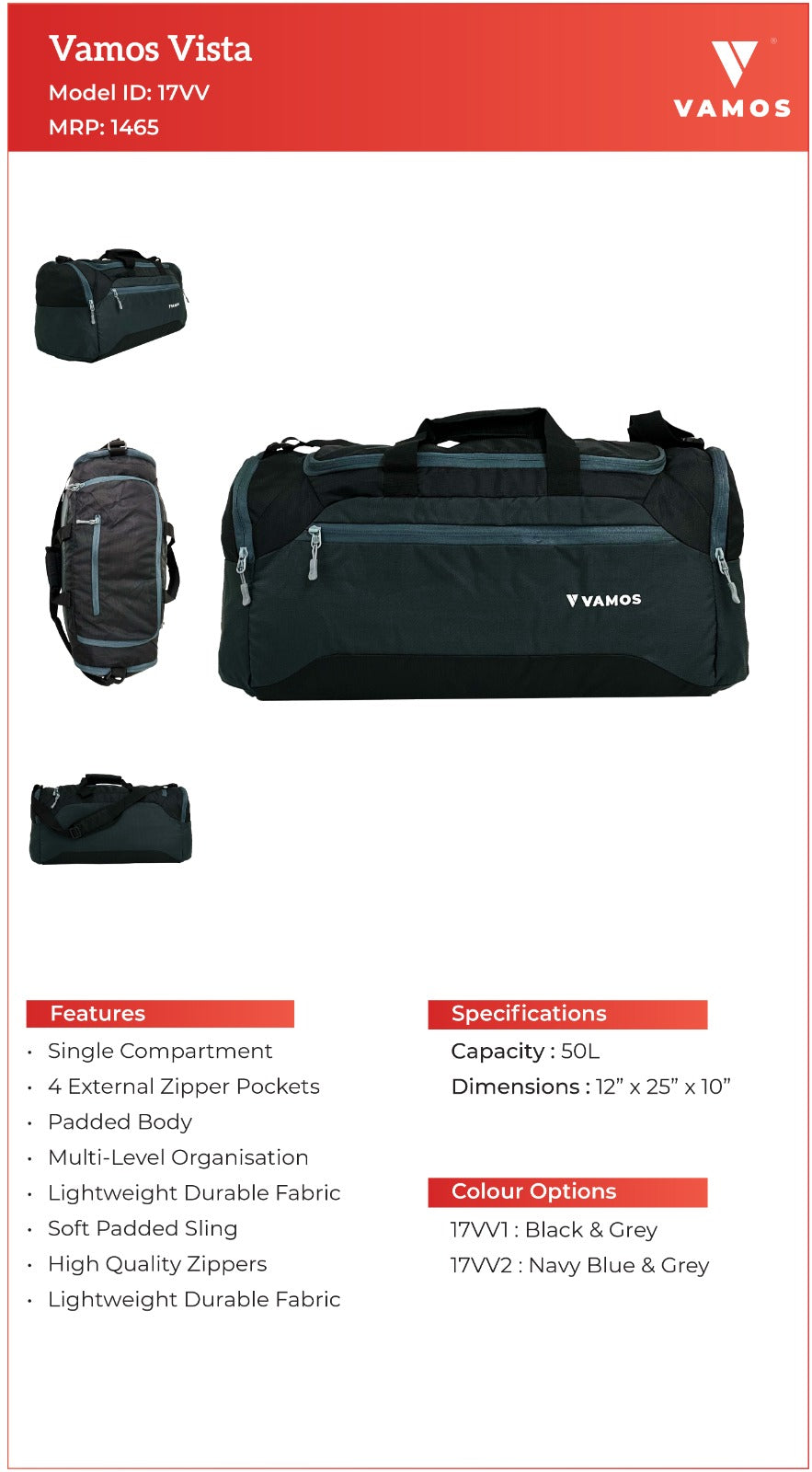 VAMOS Vista Travel Bag 17VV1 - Capacity : 50L VAMOS Vista Travel Bag 17VV1 - Capacity : 50L