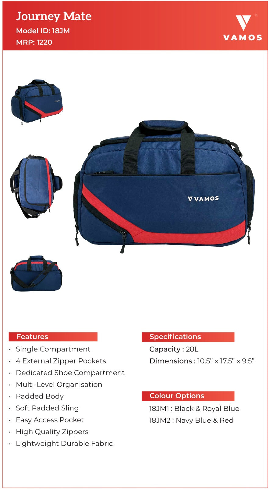 VAMOS Journey Mate Bag 18JM Capacity : 28L VAMOS Journey Mate Bag 18JM Capacity : 28L