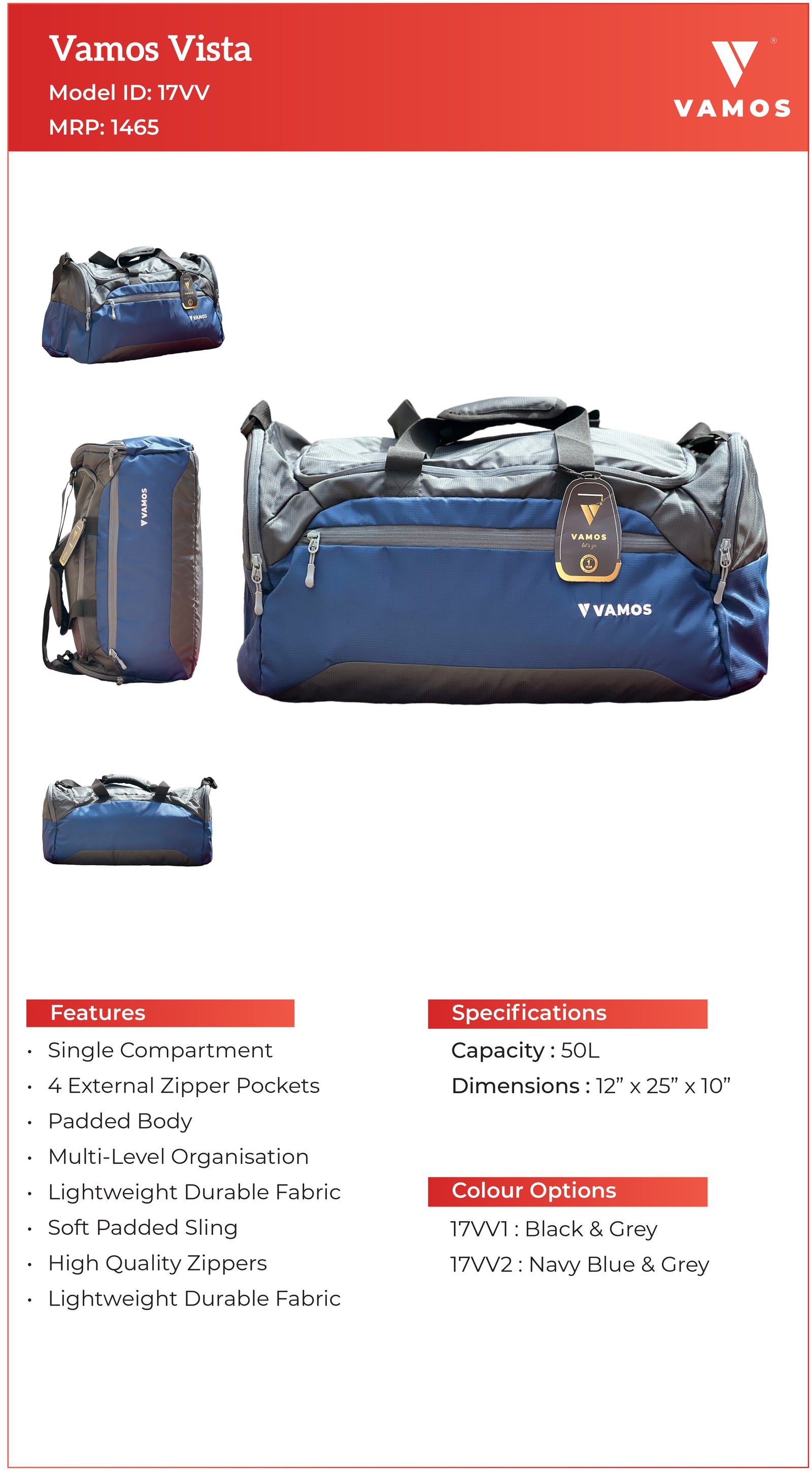 VAMOS Vista Travel Bag 17VV1 - Capacity : 50L VAMOS Vista Travel Bag 17VV1 - Capacity : 50L