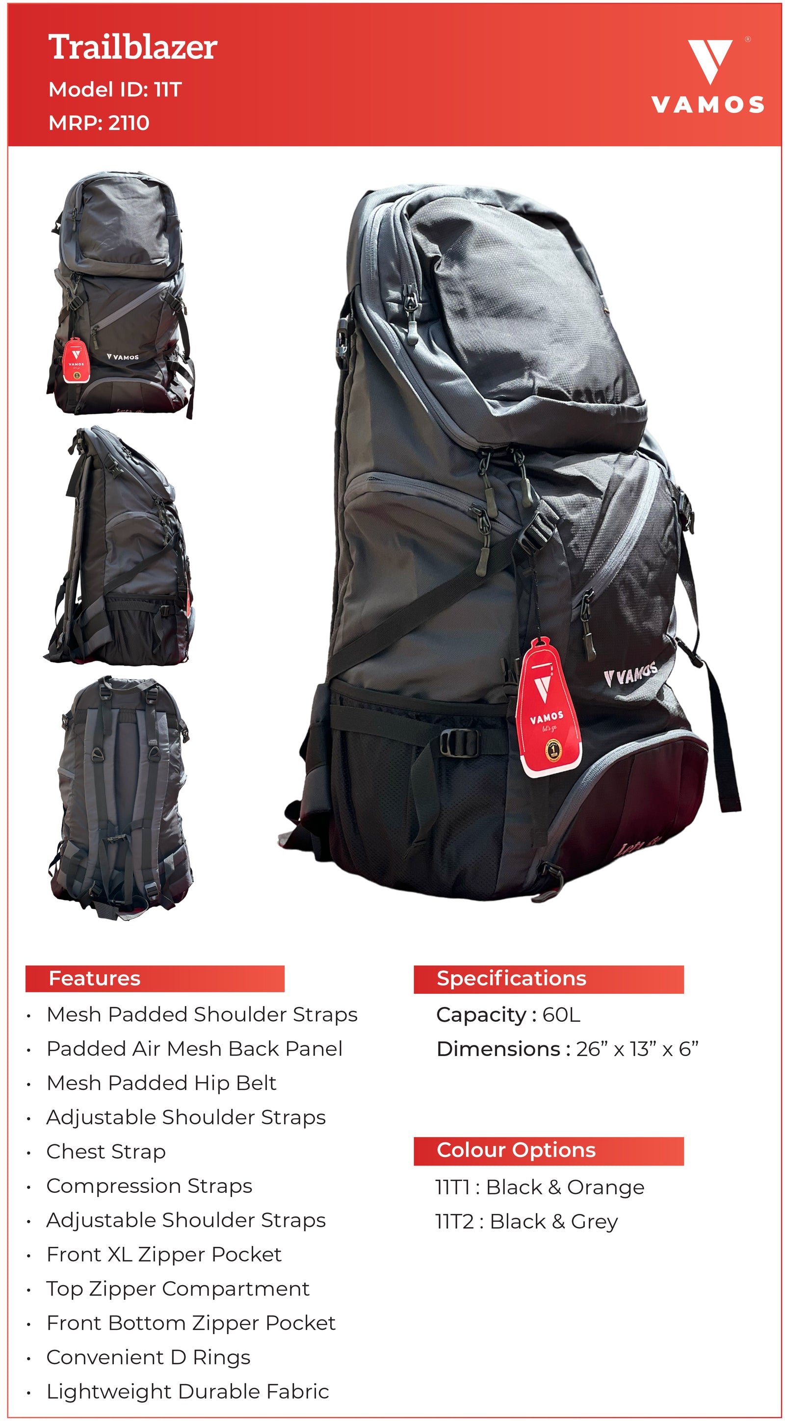 VAMOS Trailblazer Hiking Bag 11T2 - Capacity : 60L VAMOS Trailblazer Hiking Bag 11T2 - Capacity : 60L
