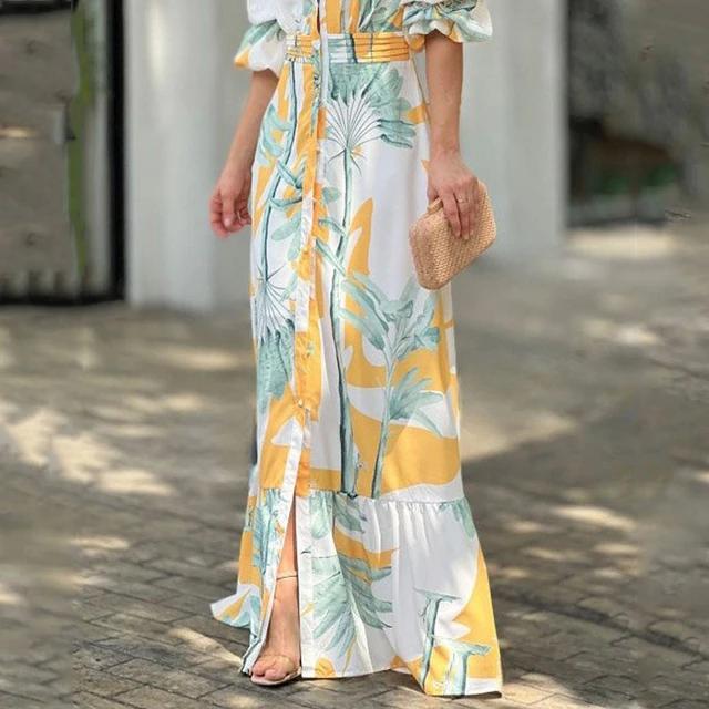 New Women's Clothing Printed Waist Puff Sleeve Long Dress Elegant V-neck Dress B-53482 - TUZZUT Qatar Online Shopping