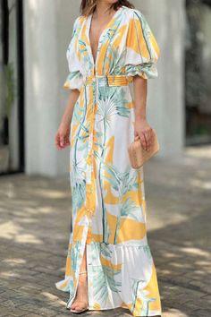 New Women's Clothing Printed Waist Puff Sleeve Long Dress Elegant V-neck Dress B-53482 - TUZZUT Qatar Online Shopping