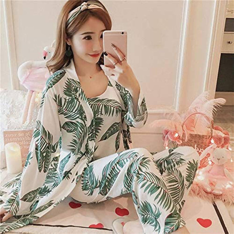 Women's 3 Pajamas Leaf Print Camouflage and Trousers Pajama Set S3574173 - TUZZUT Qatar Online Shopping