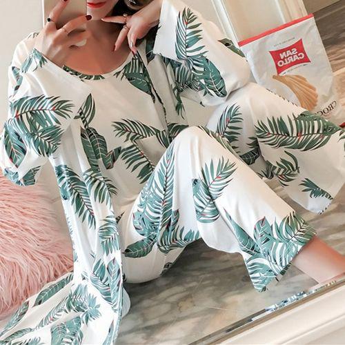 Women's 3 Pajamas Leaf Print Camouflage and Trousers Pajama Set S3574173 - TUZZUT Qatar Online Shopping