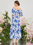 Womens Fashion Shoulder Floral Allover Print Ruffle Belted Dress 006654785 - TUZZUT Qatar Online Shopping