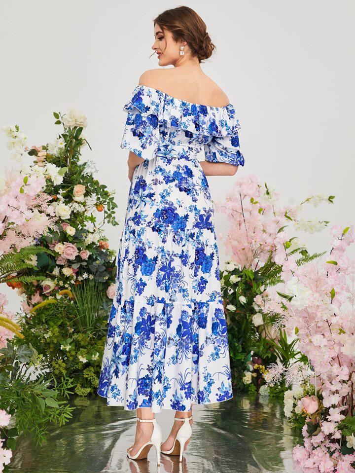 Womens Fashion Shoulder Floral Allover Print Ruffle Belted Dress 006654785 Womens Fashion Shoulder Floral Allover Print Ruffle Belted Dress 006654785