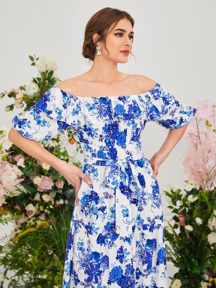 Womens Fashion Shoulder Floral Allover Print Ruffle Belted Dress 006654785 Womens Fashion Shoulder Floral Allover Print Ruffle Belted Dress 006654785