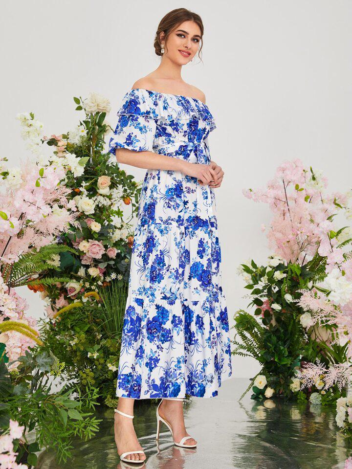 Womens Fashion Shoulder Floral Allover Print Ruffle Belted Dress 006654785 - TUZZUT Qatar Online Shopping