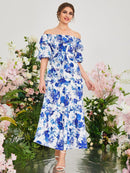 Womens Fashion Shoulder Floral Allover Print Ruffle Belted Dress 006654785 - TUZZUT Qatar Online Shopping